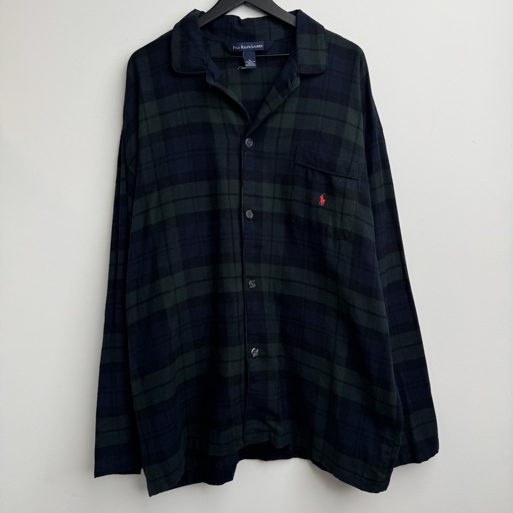 VTG Polo Ralph Lauren Shirt Mens XL Green Pajama Tartan Plaid Cotton Long Sleeve